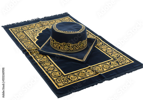 Navy Blue Prayer Mat with Gold Accents and Accessories isolated on transparent baackground