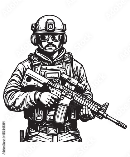 A Line Art Illustration of a Armed Special Forces Soldier