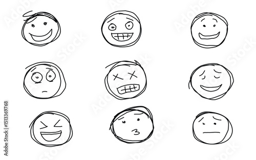 Group set of emoji face hand drawn outline 