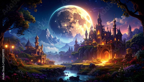 Enchanted Castle Under Moonlit Sky With Mountains and Flowing Stream