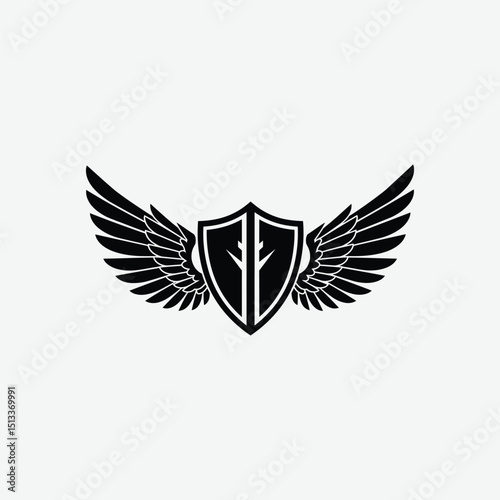 Stylized black and white logo with shield and symmetrical wings. A modern, bold emblem symbolizing strength, protection, and freedom with a clean, striking design.