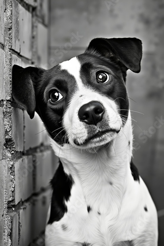 A black and white photo of a dog looking up at the camera