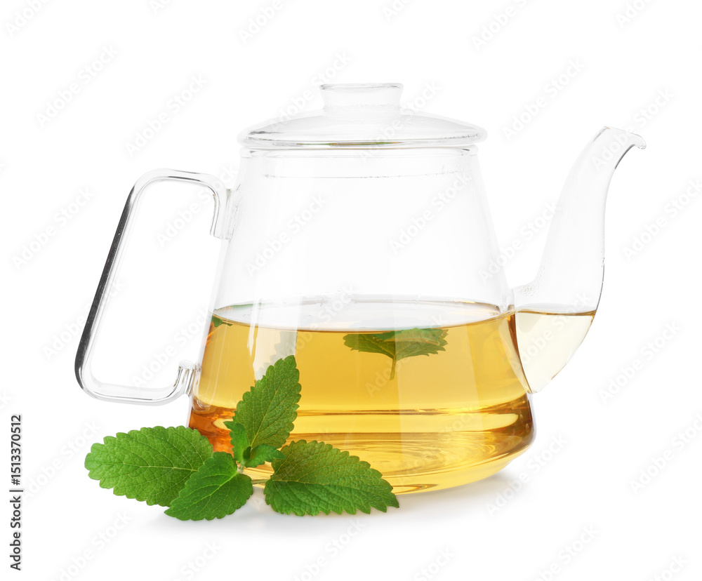 Naklejka premium Aromatic lemon balm tea in glass teapot and fresh leaves isolated on white