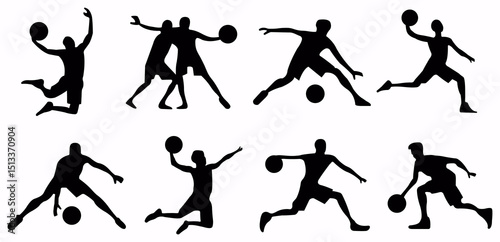 Collection of black sports silhouette. Figures athletes engaged in diverse sporting activities like basketball, volleyball, and possibly soccer on white background.