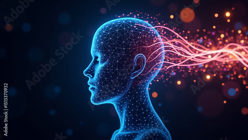 Digital rendering of a human head silhouette in profile made of glowing neural network nodes and connections, symbolizing artificial intelligence and data processing
