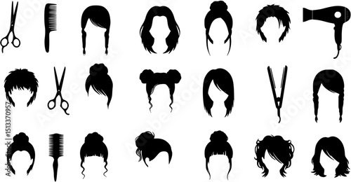 Silhouetted icons representing various hairdressing tools and styles, perfect for beauty-related themes.
