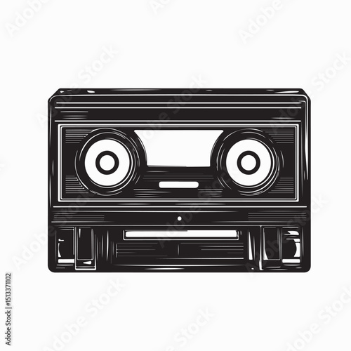 Cassette Tape Illustration Black and White Graphic Design Vector on white background.