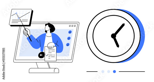 Person presenting data on a screen, using a pointer alongside a large clock emphasizing time awareness. Ideal for analytics, productivity, time tracking, online learning, webinars, remote work