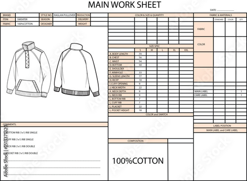 RAGLAN HIGH-NECK LONG SLEEVE KANGAROO POCKET SPEC SHEET ILLUSTRATION FOR FASHION DESIGN