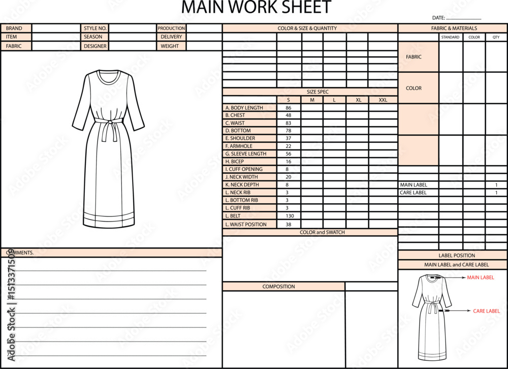 LONG DRESS SPEC SHEET ILLUSTRATION FOR FASHION DESIGN