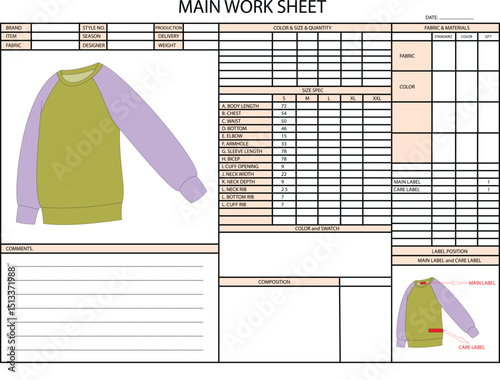 RAGLAN ROUND-NECK LONG SLEEVE MULTI COLOR SPEC SHEET ILLUSTRATION FOR FASHION DESIGN