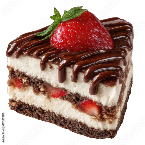 Chocolate-drizzled cake slice with strawberries