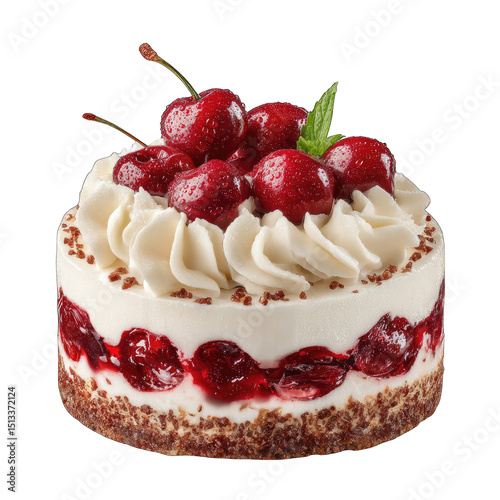 Delicious layered cake, topped with fresh cherries and whipped cream