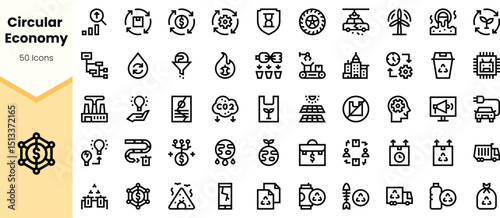 A comprehensive set of circular economy icons, illustrating sustainable practices and environmental initiatives in bold line art.