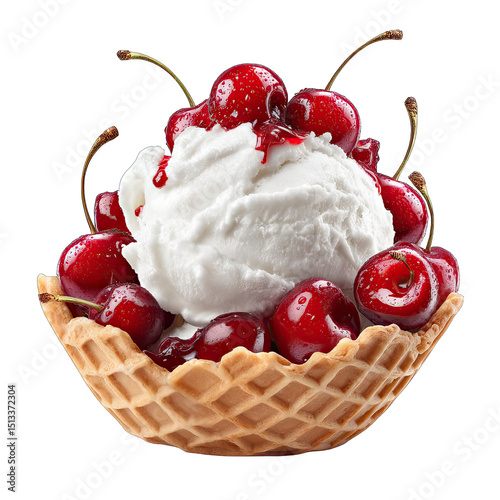 Sweet ice cream sundae with cherries in a waffle bowl