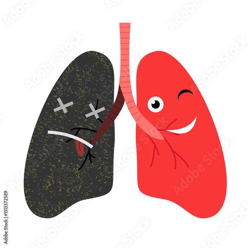 Emotional contrast illustration: painful black lungs vs 
    happy healthy lungs, useful in anatomy and public health materials. 
    Minimalist style, flat art design.