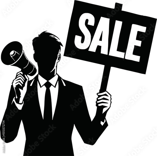 Silhouette of man holding sale sign vector isolated on a white background