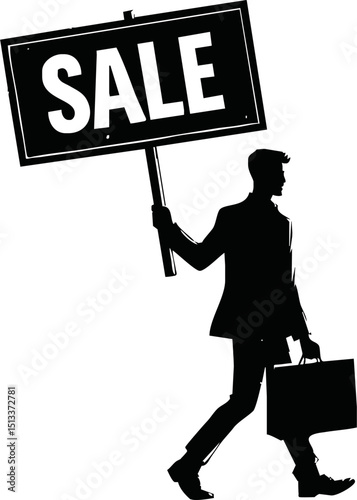 Silhouette of man holding sale sign vector isolated on a white background