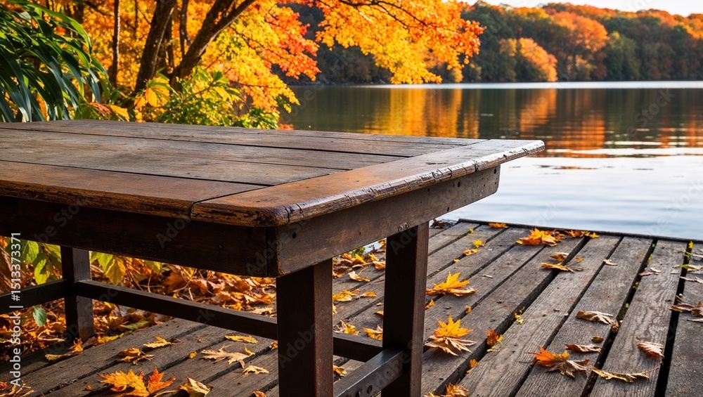 Naklejka premium A rustic table set by a lake surrounded by fall trees.