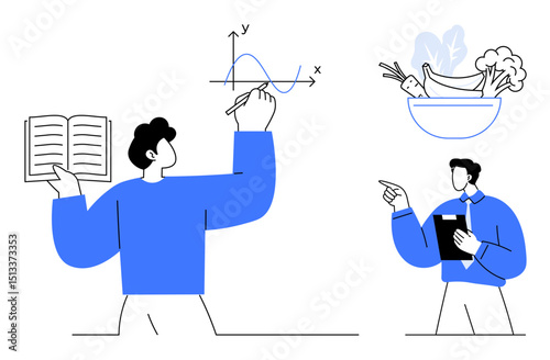 Man drawing mathematical graph with book, while another discusses clipboard notes bowl of fruits, vegetables in background. Ideal for education, health, nutrition, teaching, analysis, planning flat