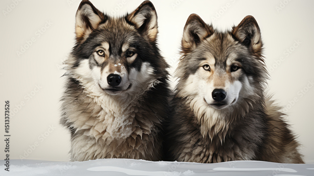 Obraz premium Twin Wolves Standing Side by Side, Realistic Fur and Detail