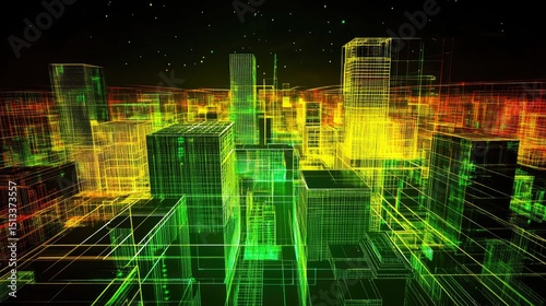 Glowing wireframe cityscape at night, vibrant green and orange hues