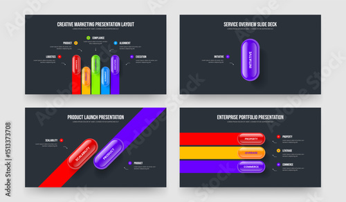 Visual Review 5 1 2 3 Element Diagram Presentation Design Set. Consulting Strategy Five One Two Three Step Infographic Slideshow Template Vector Illustration Collection.