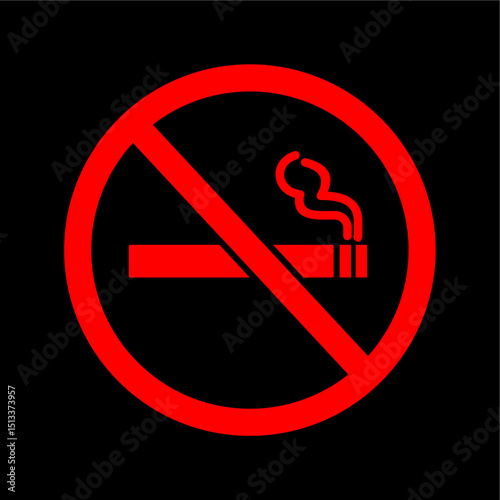 No-smoking icon illustration with black background, 
    smoking cigarette, and red cross. Minimalist style, flat art design.