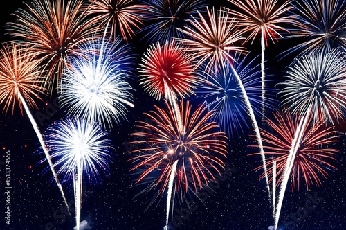 A dazzling starlit night sky explodes with vibrant US fireworks: Celebrating freedom and independence under a celestial canopy of twinkling stars and colorful bursts.