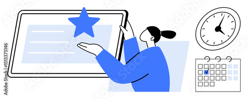 Woman interacting with tablet displaying a star, accompanied by a clock and marked calendar. Ideal for productivity, scheduling, goals, planning, time management, organization achievement. Flat