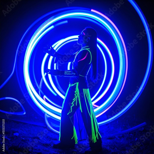 Futuristic Neon Body Art Woman with UV Paint and Glowing Light Rings – Cyber Aesthetic Fashion Portrait