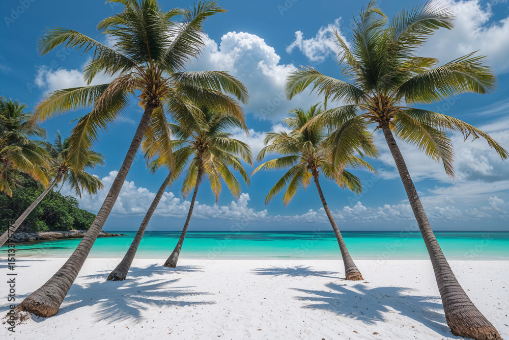 Tropical Beach with Palm Trees and White Sand under Blue Sky Tropical Beach with Palm Trees and White Sand under Blue Sky