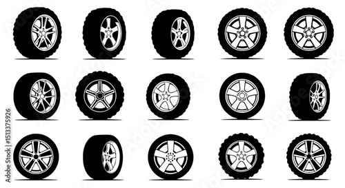 Set of car wheels silhouette set isolated on transparent background