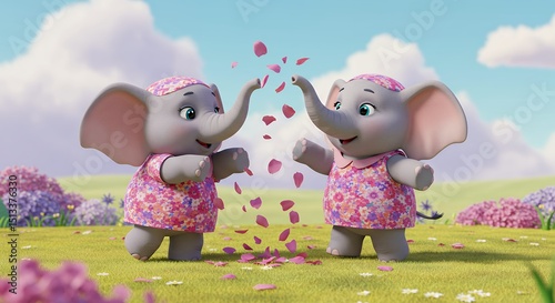 Two elephants with pink petals in a field