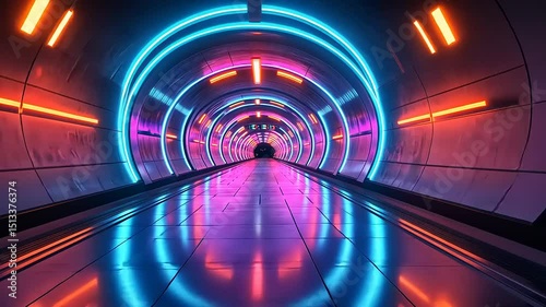 Futuristic Neon Tunnel: Endless corridor with vibrant glowing lights animation loop