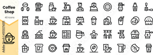 A collection of minimalist icons representing various elements of a coffee shop, including beverages, baked goods, and coffee-making equipment.