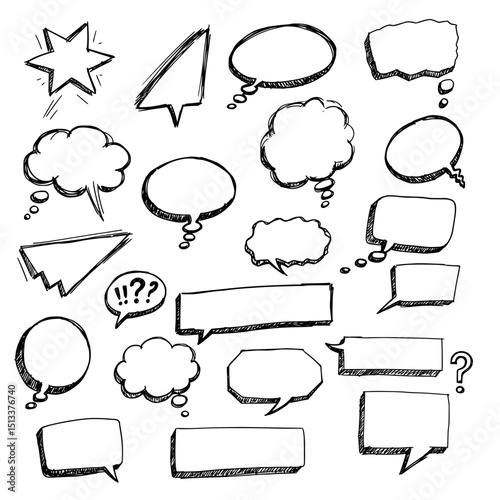 Hand drawn speech bubbles and thought bubbles silhouette isolated on transparent background