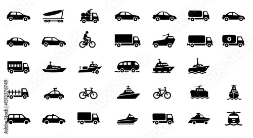 Transportation icons silhouette set isolated on transparent background