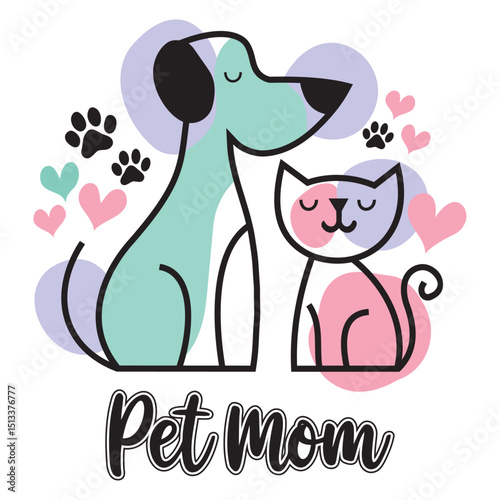 Cute cartoon illustration of a teal dog and pink-purple cat standing side-by-side, perfect for pet lovers and moms