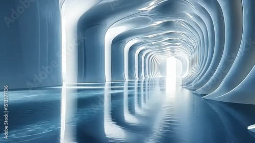 Futuristic Watery Tunnel:  Abstract Architecture with Reflections and Modern Design
