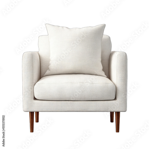 Cream-colored upholstered arm chair with simple, wooden legs