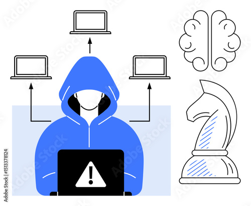 Person in blue hoodie at laptop with warning sign, arrows to laptops, brain, and chess knight. Ideal for cybersecurity, hacking, strategy, intelligence technology risk awareness. Flat simple