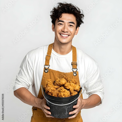 A man is holding a bucket full of fried chicken and smiling