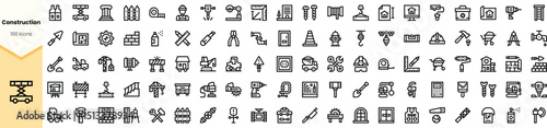 A diverse set of monochrome construction icons showcasing tools, equipment, and building elements, ideal for construction and architecture projects.