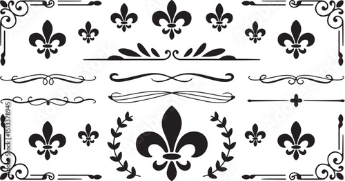 Ornate Fleur de Lis Collection with Laurels, Borders, and Dividers