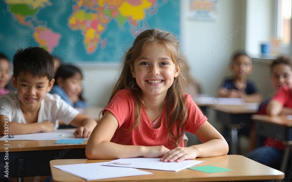 Fototapeta premium Happy female student learning in classroom and looking at camera. High quality