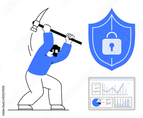 Hacker swinging pickaxe at large secure shield beside analytics dashboard with charts. Ideal for cybersecurity, fraud prevention, data protection, digital security, hacking risks, IT awareness