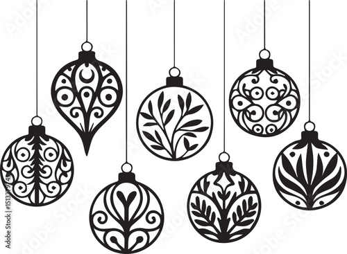 Set of Hanging Christmas Ornaments with Intricate Silhouette Designs