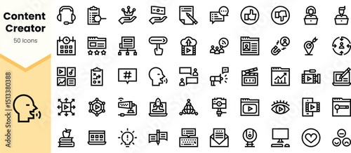A collection of minimalistic icons representing various aspects of content creation, including social media, marketing, and video production in a clean design.