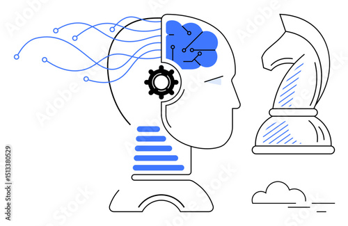 Head silhouette with gear and neural connections symbolizing AI next to chess knight piece for strategy. Ideal for technology, innovation, strategy, AI, decision-making, learning, future. Flat simple